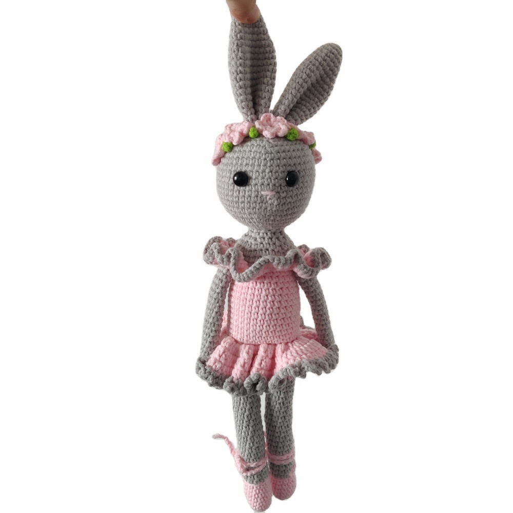 Crochet Doll Knit Toy Pink Stuffed Animals Handmade Cute Ballet Bunny Doll for Girls